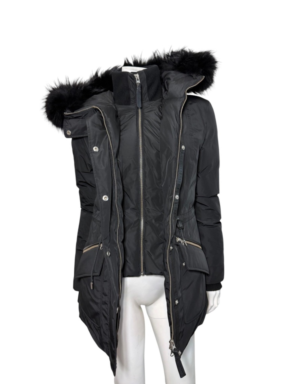 Mackage Down Parka Coat Real Asiatic Raccoon Fur Leather Trim Black XXS - Picture 5 of 16